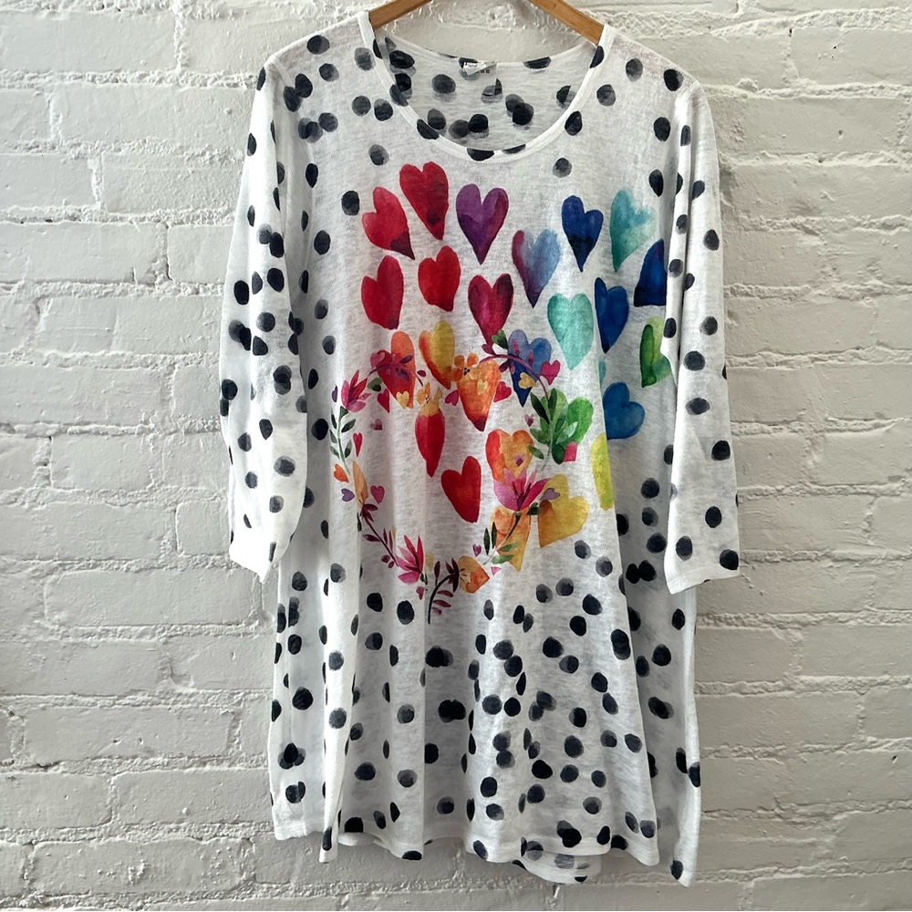Et' Lois White Rainbow Watercolor Heart Polka Dot Soft Knit Tunic Top Size M